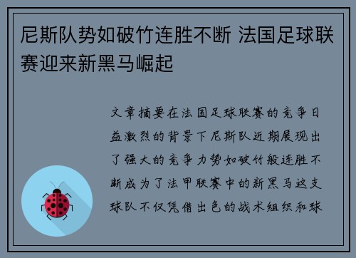 尼斯队势如破竹连胜不断 法国足球联赛迎来新黑马崛起