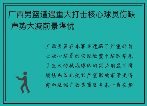 广西男篮遭遇重大打击核心球员伤缺 声势大减前景堪忧