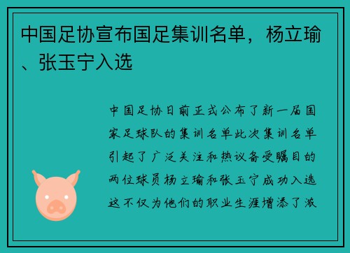 中国足协宣布国足集训名单，杨立瑜、张玉宁入选