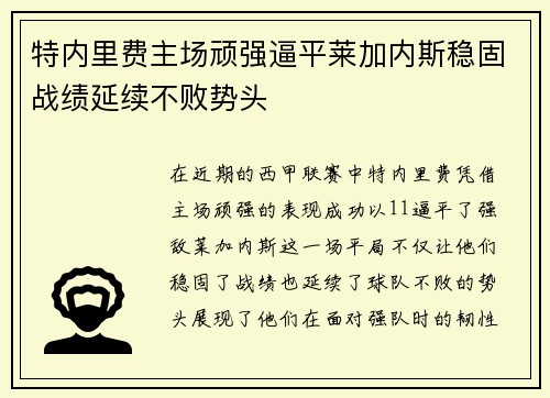 特内里费主场顽强逼平莱加内斯稳固战绩延续不败势头