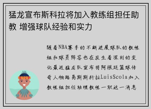 猛龙宣布斯科拉将加入教练组担任助教 增强球队经验和实力