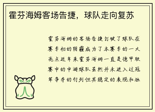 霍芬海姆客场告捷，球队走向复苏