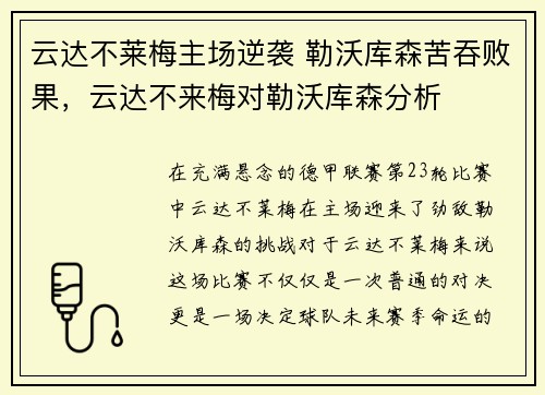 云达不莱梅主场逆袭 勒沃库森苦吞败果，云达不来梅对勒沃库森分析