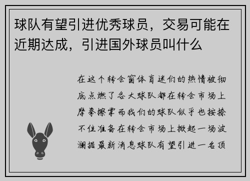 球队有望引进优秀球员，交易可能在近期达成，引进国外球员叫什么