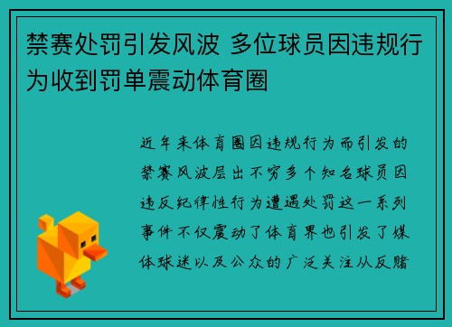 禁赛处罚引发风波 多位球员因违规行为收到罚单震动体育圈