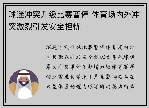 球迷冲突升级比赛暂停 体育场内外冲突激烈引发安全担忧